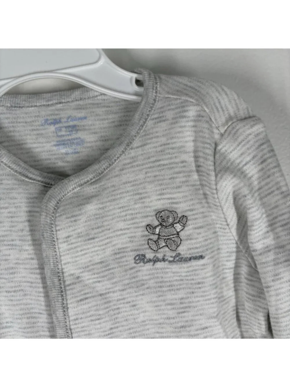 Ralph Lauren Baby Size 9M Gray White Striped Bear Cotton Footed Coverall NWT